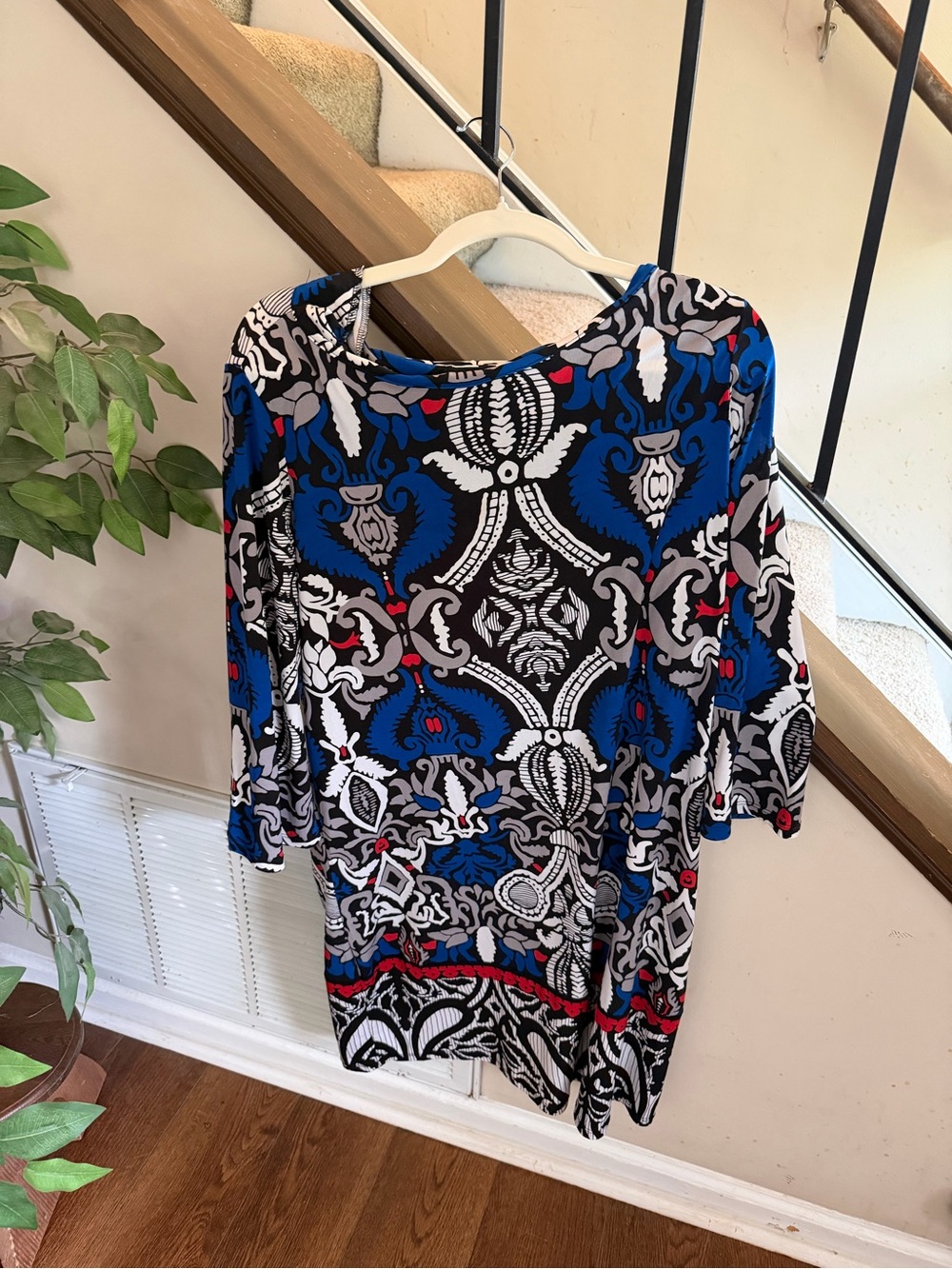 Nicole Blue, Black & White Long Sleeve Patterned Dress with Red Accents